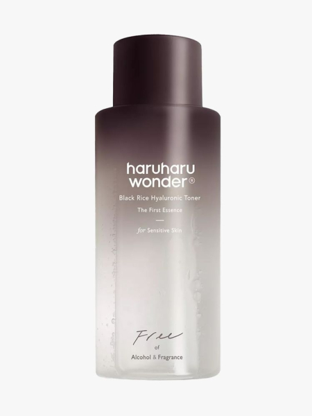 Haruharu Wonder Black Rice Hyaluronic Toner in branded component on a light gray background