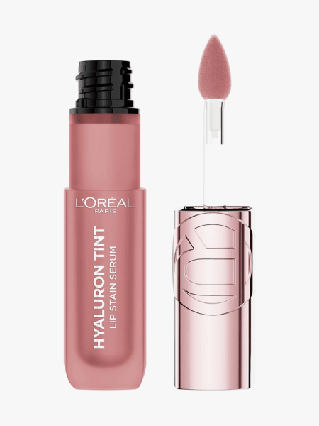 Paradise Hyaluron Tint Lip Stain Serum in branded tube next to doe foot applicator cap on light gray background