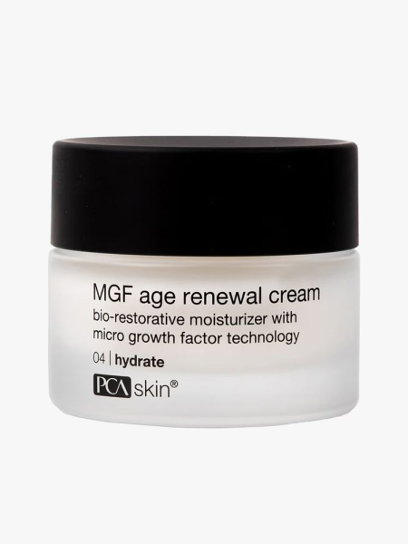 PCA Skin MGF Age Renewal Cream in branded tub component on a light gray background