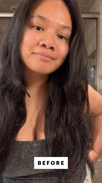 Allure senior beauty editor Jesa Marie Calaor before using the Nexxus Humectress Intensely Hydrating Masque