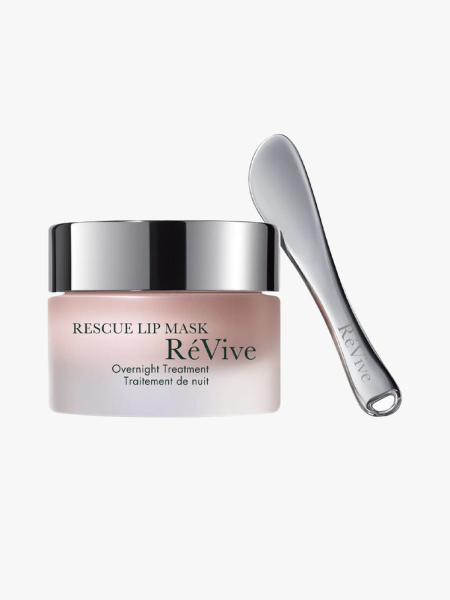 Revive Rescue Lip Mask in branded tub component with scoop on a light gray background